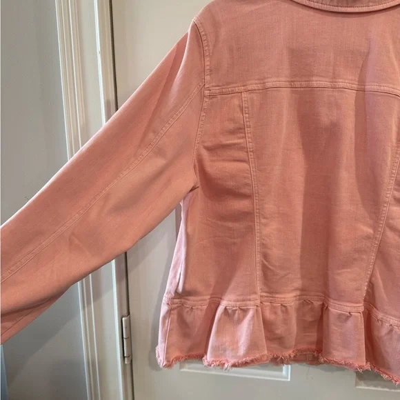 Chico's Soft Pink Denim Jacket with Frayed Peplum Hem - Picture 4 of 7